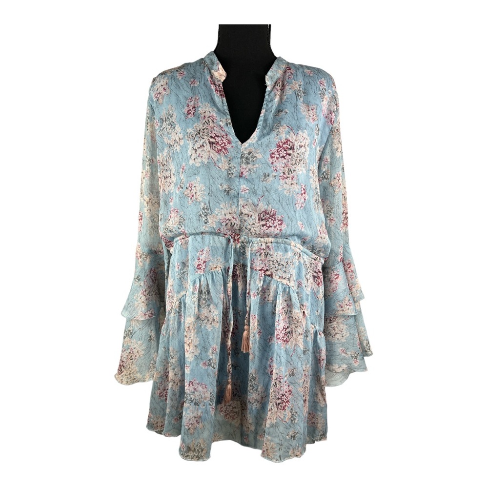 Aakaa V-Neck Long Bell Sleeve Tie Waist Dress Size L